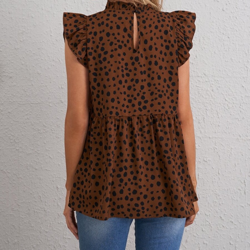Boho leopard Brown mock neck ruffle peplum top - Picture 3 of 5
